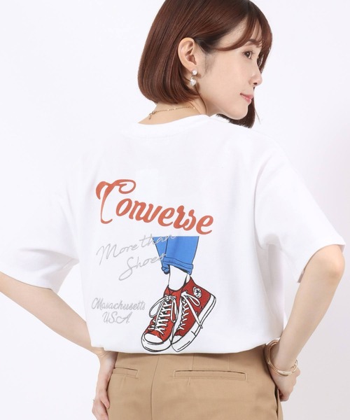 8SM1 converse バックプリントTシャツ　スニーカー　白　S 古着 CONVERSE/コンバース ロゴ刺繍/シューズバックプリント オーバーサイズ