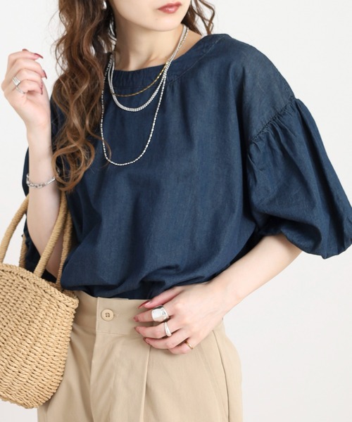 tシャツ エアリーデニム 袖パフスリーブシャツ レディース