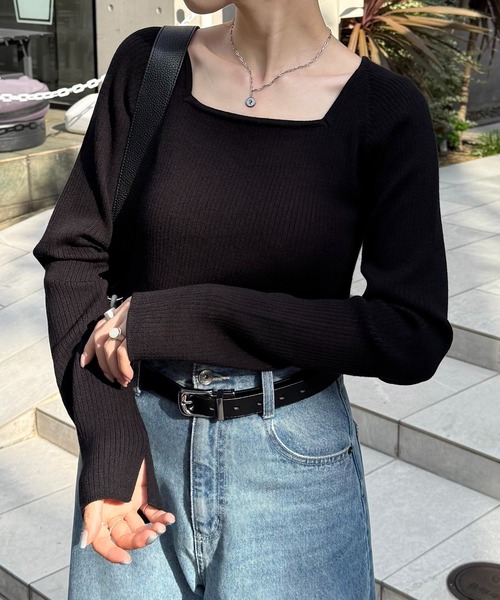 collage ニット デザインネックリブニット レディー 黒 COLLAGE