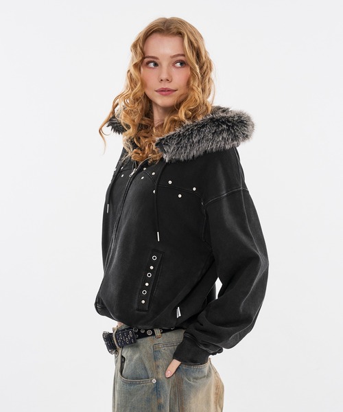 WISH FOR EVER®ファージャケット ブラック WISH FOR EVER（ウィッシュフォーエバー） パーカー STUDS ＆ EYELETS