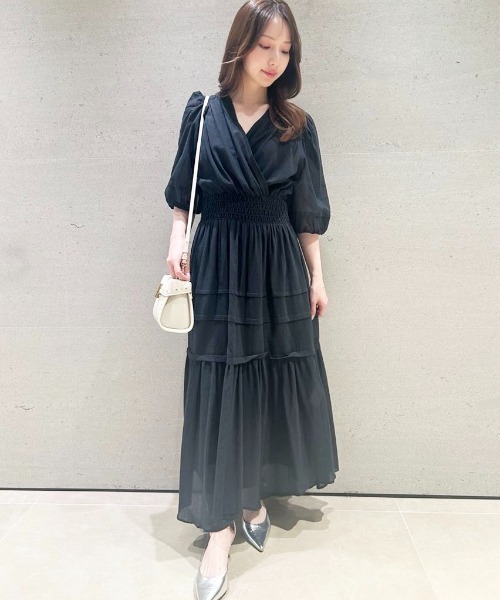美品✨️セルフォード ロングワンピース フレア 半袖 チュール ブラック 38 CELFORD（セルフォード） 半袖ワンピース 38 ブラック レディース