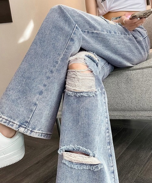 Gパン ダメージ デニム ラインスウェット ジーパン b9988 miniministore ジーンズ デニム デニムパンツ ダメージジーンズ