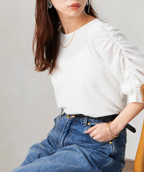 Chez toi tシャツ セミシアースラブ袖ギャザープルオーバー
