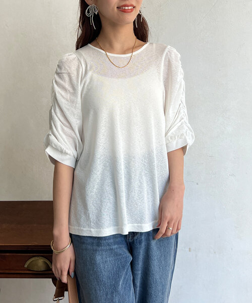 tシャツ スムース長袖プルオーバー レディース Chez toi tシャツ セミシアースラブ袖ギャザープルオーバー