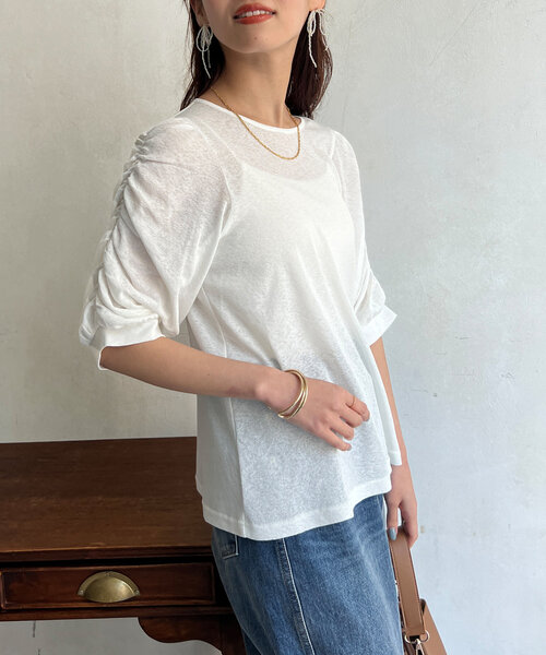 Chez toi tシャツ セミシアースラブ袖ギャザープルオーバー