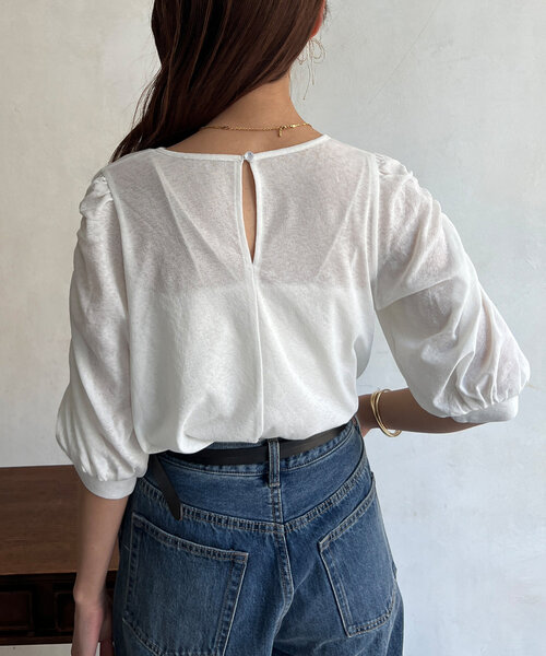 Chez toi tシャツ セミシアースラブ袖ギャザープルオーバー