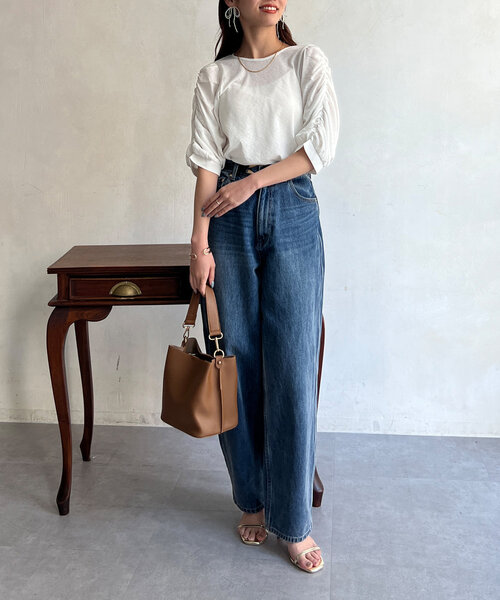 tシャツ スムース長袖プルオーバー レディース Chez toi tシャツ セミシアースラブ袖ギャザープルオーバー