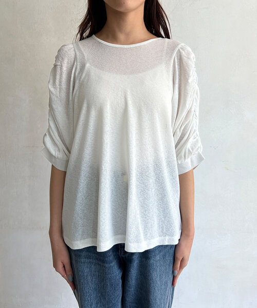 Chez toi tシャツ セミシアースラブ袖ギャザープルオーバー