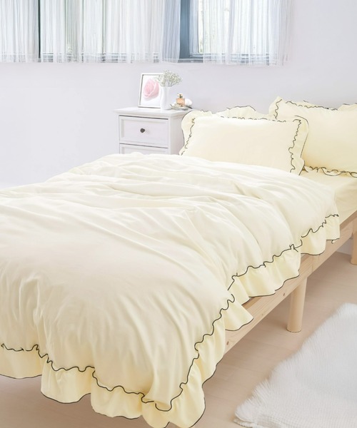 『新品』コットン100 ベッド用品 ins風 3点セット8 iellio ベッド 寝具 フリル パイピング ベッドカバー シーツ 寝具 3点
