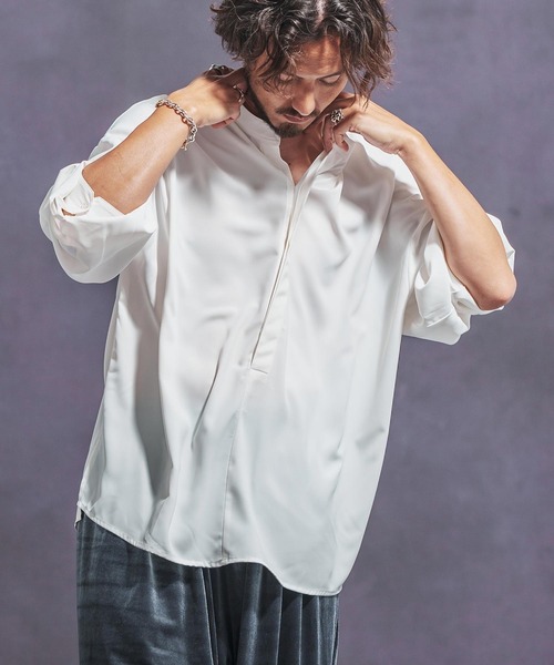 Jih Nunc シャツ ms5761- スタンドカラー比翼プルオーバーシャツ