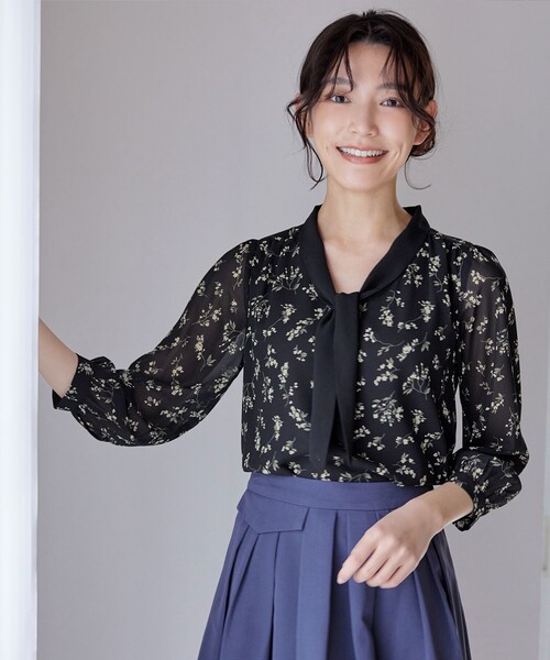 Tiaclasse ブラウス シャツ 花柄配色ボウタイブラウス レディース