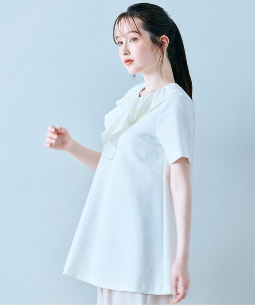 ホワイト ラッフルフリル 半袖ブラウス Audie a Muses（オーディア ミューズ） ブラウス シャツ 夏 半袖 胸元