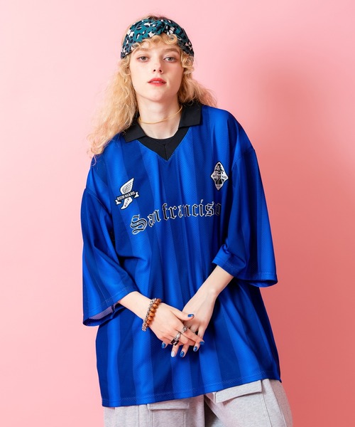 tシャツ a.p.o.v. ストライプオーバーサイズメッシュ襟付きサッカー
