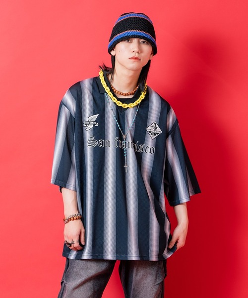 tシャツ a.p.o.v. ストライプオーバーサイズメッシュ襟付きサッカー