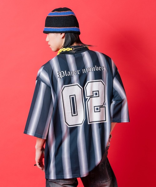 tシャツ a.p.o.v. ストライプオーバーサイズメッシュ襟付きサッカー