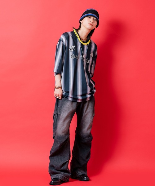 tシャツ a.p.o.v. ストライプオーバーサイズメッシュ襟付きサッカー