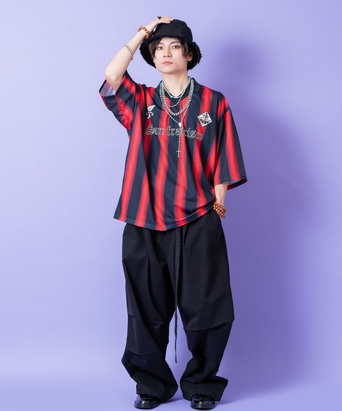 tシャツ a.p.o.v. ストライプオーバーサイズメッシュ襟付きサッカー