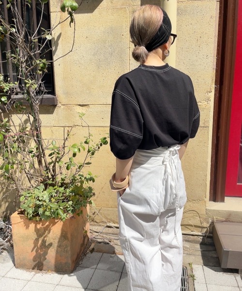 ブラウス シャツ バルーンスリーブステッチTシャツ (comochi select) / パフスリーブ カットソー ブラウス クルーネック ラウンドネ