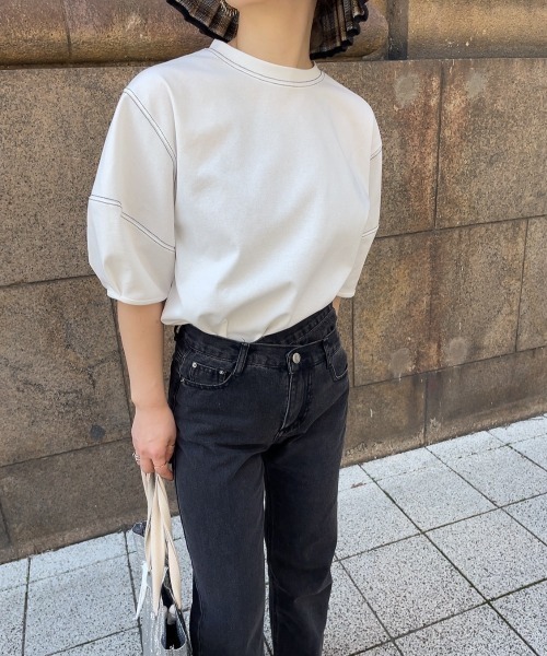 ブラウス シャツ バルーンスリーブステッチTシャツ (comochi select) / パフスリーブ カットソー ブラウス クルーネック ラウンドネ I-SOOK ブラウス シャツ バルーンスリーブステッチTシャツ