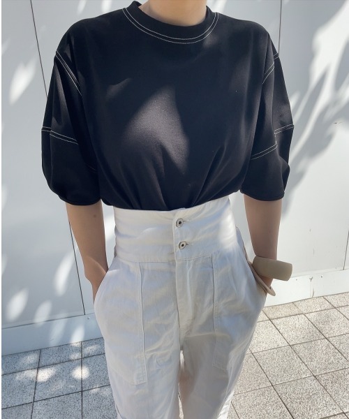 ブラウス シャツ バルーンスリーブステッチTシャツ (comochi select) / パフスリーブ カットソー ブラウス クルーネック ラウンドネ I-SOOK ブラウス シャツ バルーンスリーブステッチTシャツ