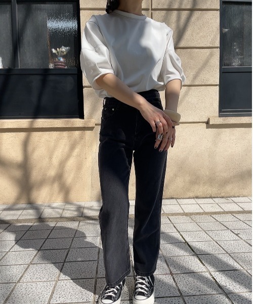 ブラウス シャツ バルーンスリーブステッチTシャツ (comochi select) / パフスリーブ カットソー ブラウス クルーネック ラウンドネ セール】バルーンスリーブステッチTシャツ (comochi select