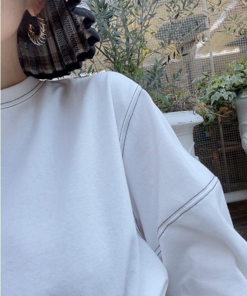 ブラウス シャツ バルーンスリーブステッチTシャツ (comochi select) / パフスリーブ カットソー ブラウス クルーネック ラウンドネ I-SOOK ブラウス シャツ バルーンスリーブステッチTシャツ