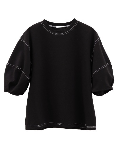 ブラウス シャツ バルーンスリーブステッチTシャツ (comochi select) / パフスリーブ カットソー ブラウス クルーネック ラウンドネ I-SOOK ブラウス シャツ バルーンスリーブステッチTシャツ