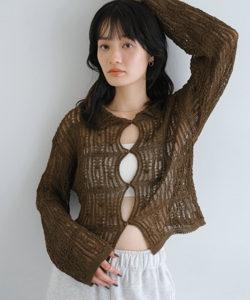 andme（アンドミー） カーディガン 透かし編みニットシャツ