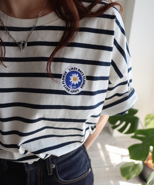 tシャツ 半袖 フラワーワッペン無地/ボーダーTシャツ レディース