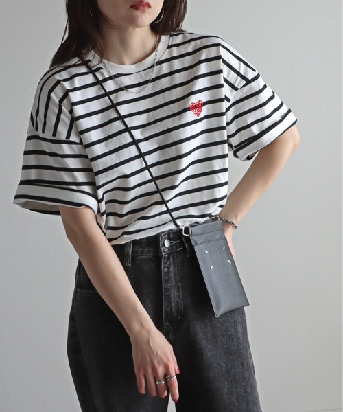 tシャツ フラワーワッペン無地/ボーダーTシャツ レディース