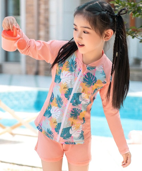 蝶プリント ビキニセット（長袖ラッシュガード付き） 紫色 蝶のプリント セパレート水着セット 長袖 ラッシュガード