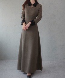 JUNOAH（ジュノア） ワンピース バイカラーセミフレアニットワンピース