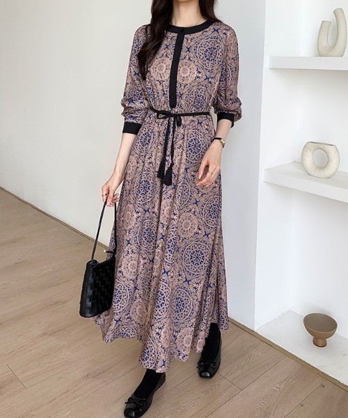COCOMOMO ワンピース 大人映えデザイン ダマスク柄ワンピース タッセル