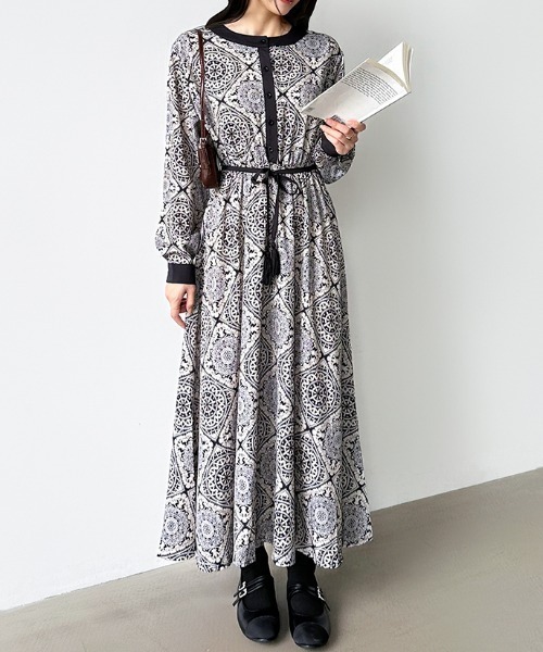 COCOMOMO ワンピース 大人映えデザイン ダマスク柄ワンピース タッセル
