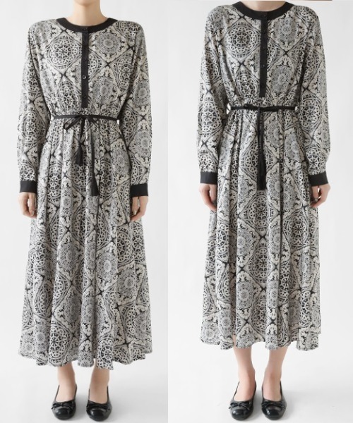 COCOMOMO ワンピース 大人映えデザイン ダマスク柄ワンピース タッセル