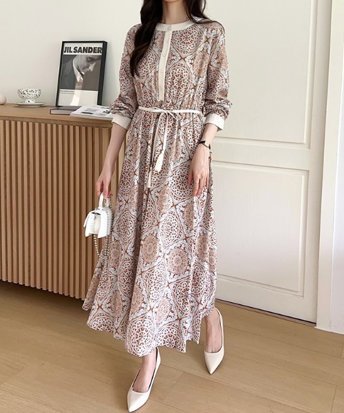 COCOMOMO ワンピース 大人映えデザイン ダマスク柄ワンピース タッセル