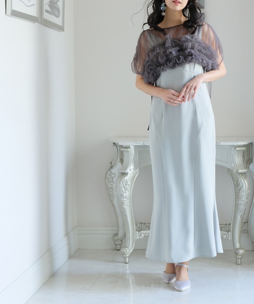 美品◆PourVous マーメイドパーティドレスMお呼ばれ 結婚式 オケージョン マーメイドワンピースドレス大きいサイズミニ丈&七分袖結婚式