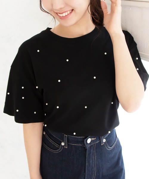 tシャツ Anna Nicola パール付き半袖ロゴTシャツ レディース アンナニコラ Anna Nicola パール付き半袖ロゴTシャツ