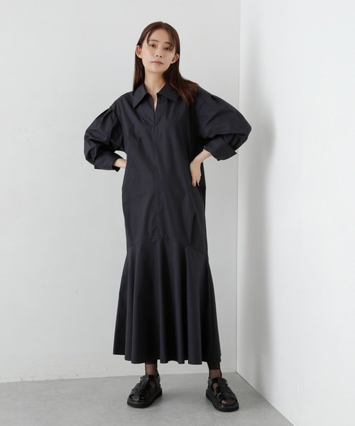 【2024秋発売／やや美品】NANO universe シャツワンピース／黒／S NANO universe ワンピース シアーマキシシャツワンピース