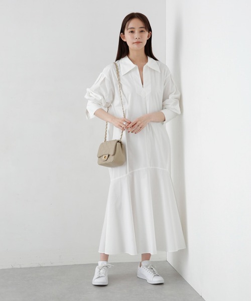 4856【美品】アーツアンドサイエンス　スキッパーワイドシャツワンピース　白 STYLEMIXER | ワイドプリーツシャツワンピース (ワンピース(ロング