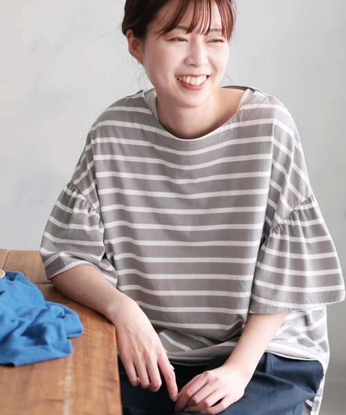 tシャツ あわいろボーダーの袖フリルカットソー レディース