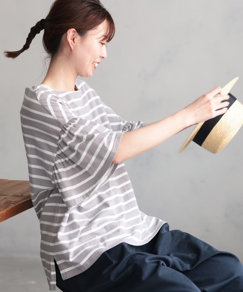 soulberry（ソウルベリー） tシャツ 半袖 あわいろボーダーの袖フリル