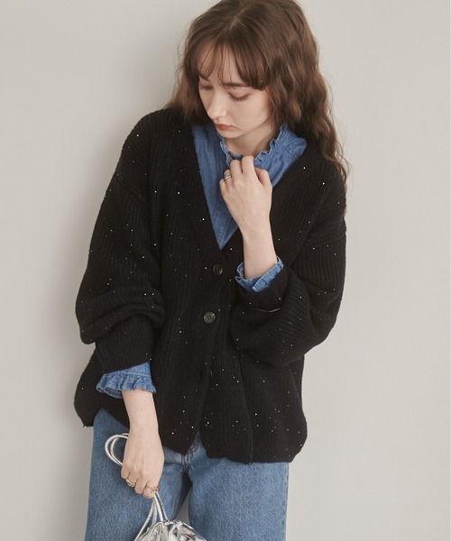 黒いVネックカーディガン OVERSIZED V-NECK CARDIGAN オーバーサイズVネックカーディガン