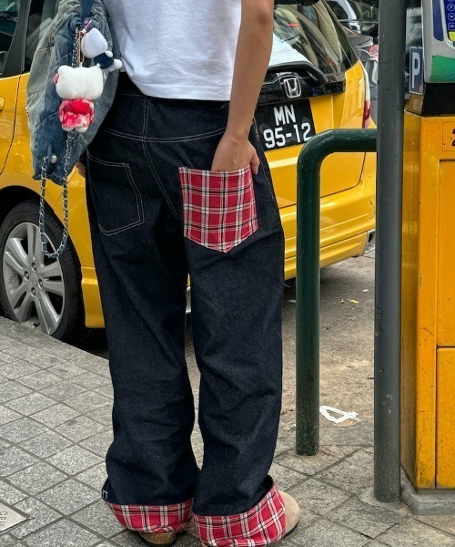 MGV（エムジーヴィー） ワイドパンツ ジーンズ チェック切り替えデニム