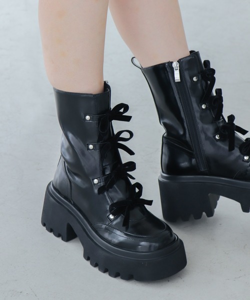 EVOL（イーボル） ブーツ 「EVOL」リボンレースアップ厚底ショート