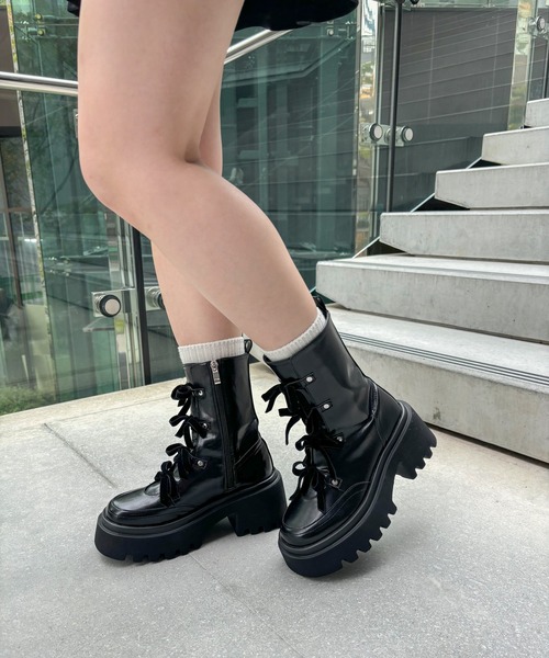 EVOL（イーボル） ブーツ 「EVOL」リボンレースアップ厚底ショート