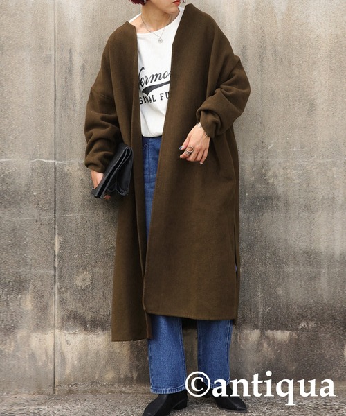 antiqua（アンティカ） 「kinu」ノーカラーコート FREE ブラック