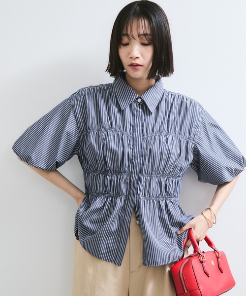 ブラウス シャツ 「新色追加」「店頭人気」シャーリングバルーンシャツ レディース VIS｜【新色追加】【店頭人気】シャーリングバルーンシャツ