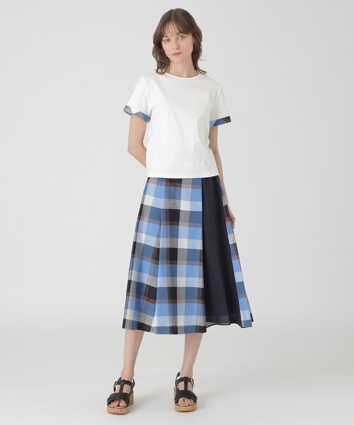 tシャツ コンパクトピマスムースサイドチェックカットソー レディース コンパクトピマスムースコンビTシャツ（カットソー）｜BLUE