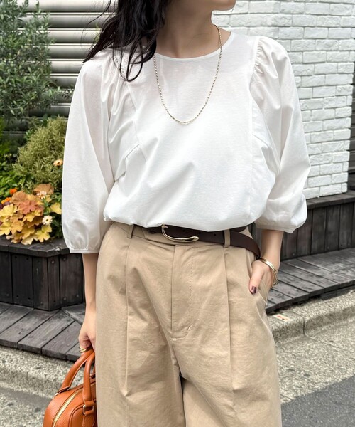 tシャツ シルケット袖ギャザーカットソーブラウス レディース